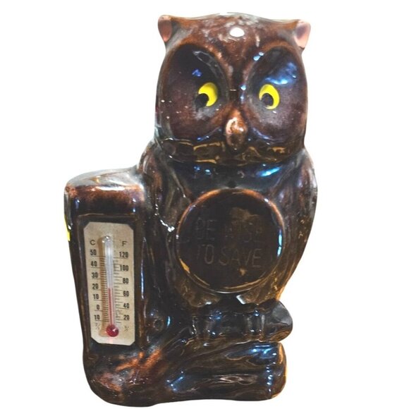 Vintage Ceramic Owl Coin Bank Brown With Thermometer "Be Wise To Save" Design 5" - Picture 1 of 9